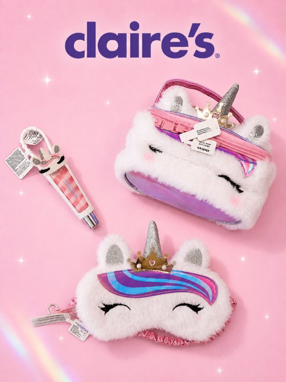 Claire’s 🦄 Unicorn 3-Piece Bundle | Cosmetic Bag Sleep Mask & Lip Gloss NWT
